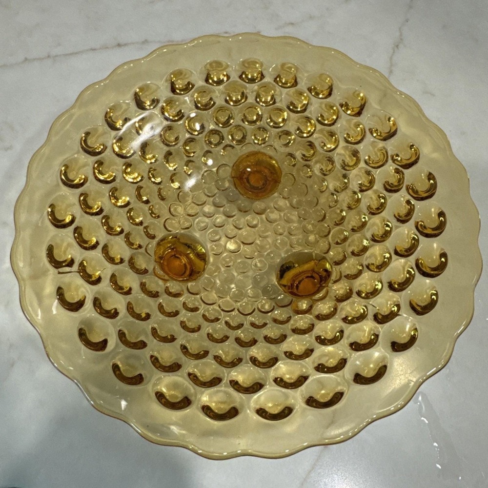 L.E. Smith Amber Hobnail Glass 3‎ Toed 7" Scallop Edged Bowl
